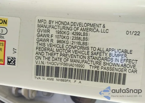 2022 Honda Accord Ex-L from USA, damaged, VIN 1HGCV1F56NA016990